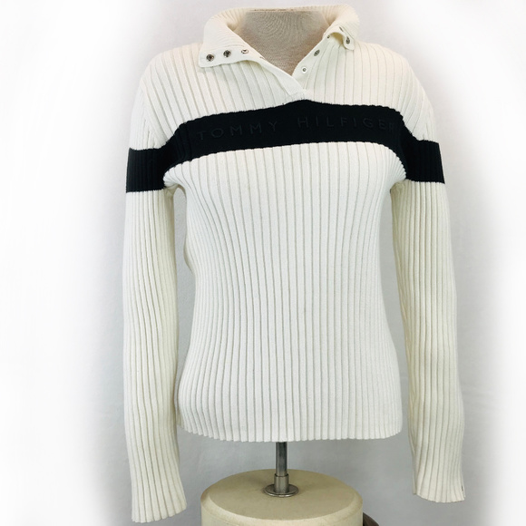 Tommy Hilfiger Black Ivory Ribbed Sweater Top L - Picture 3 of 8